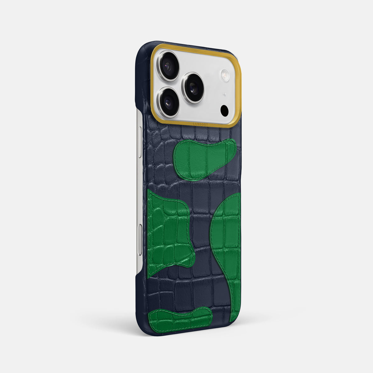 Navy Blue iPhone 17 Pro Max Camouflage Case In Alligator with Gold Metal -2 | Navy-Blue-Gold