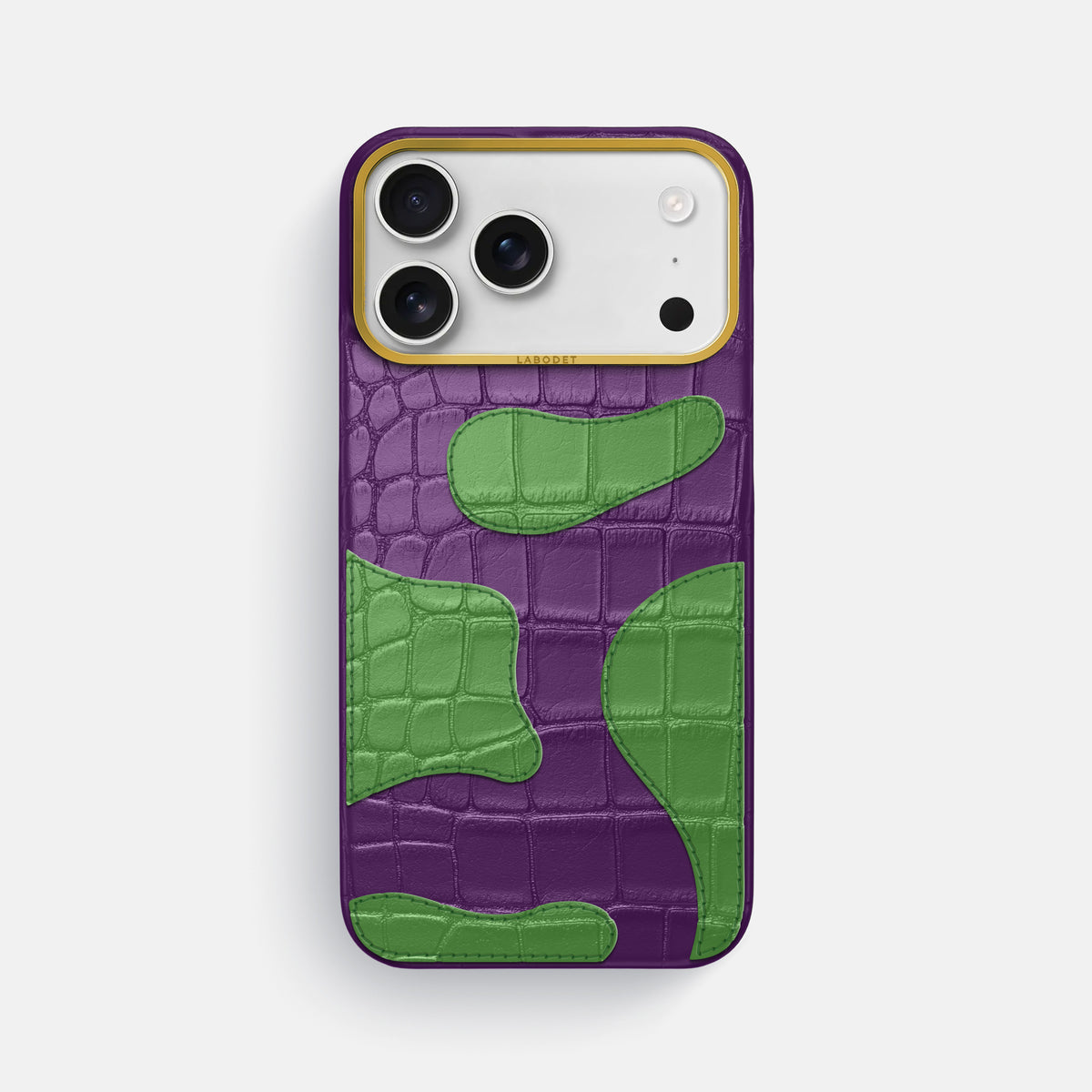 Purple iPhone 17 Pro Max Camouflage Case In Alligator with Gold Metal -1 | Purple-Gold