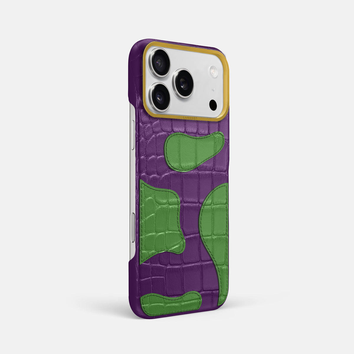 Purple iPhone 17 Pro Max Camouflage Case In Alligator with Gold Metal -2 | Purple-Gold