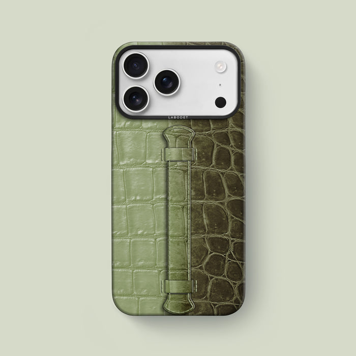 Center Handle For iPhone 17 Pro Max Celadon Green In Himalayan Crocodile with Black Metal -1 | Celadon-Green-Black