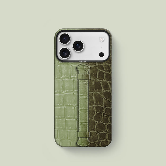 Center Handle For iPhone 17 Pro Celadon Green In Himalayan Crocodile with Black Metal -1 | Celadon-Green-Black