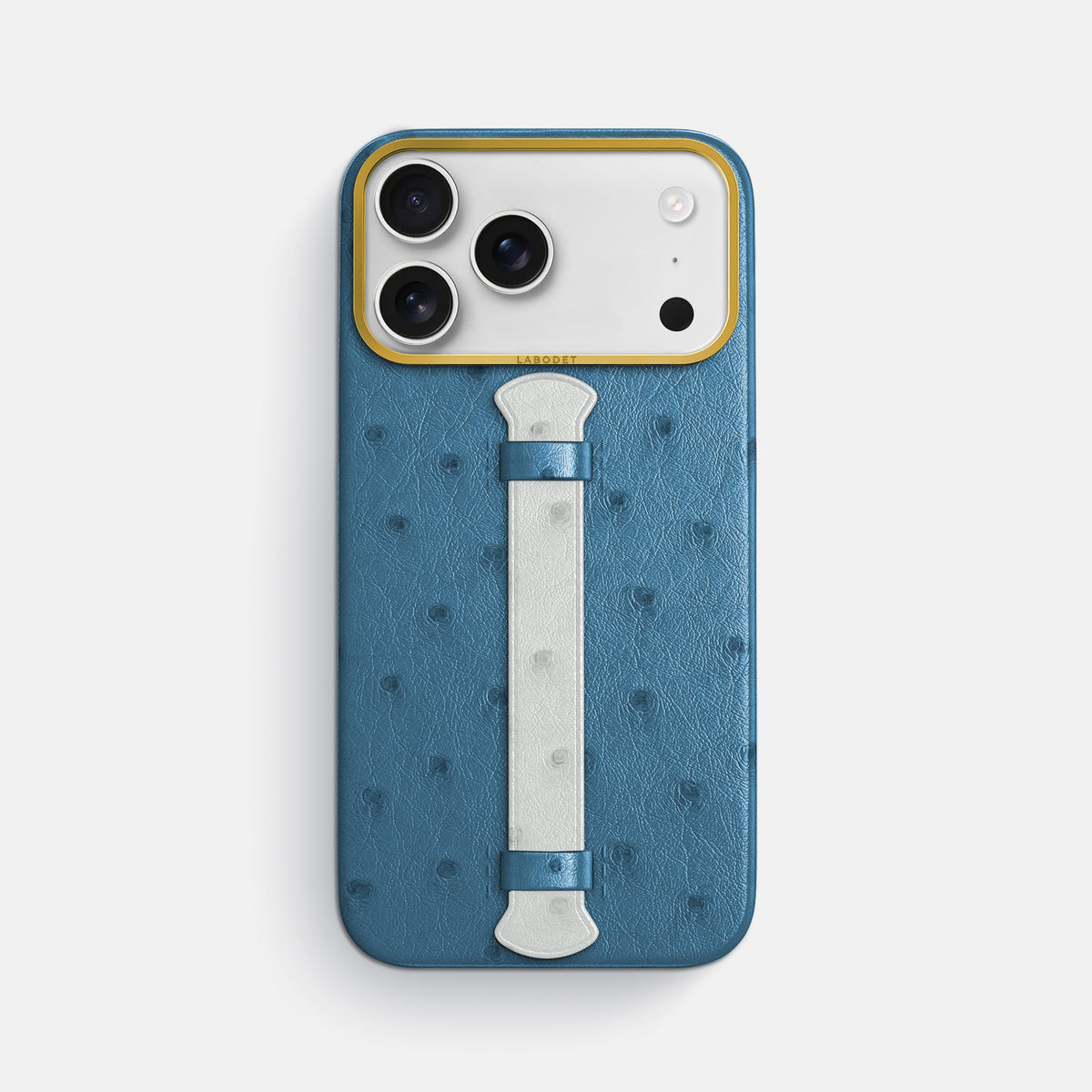 Center Handle Coloré For iPhone 17 Pro Max In Ostrich -1 | Blue-Jeans-Gold