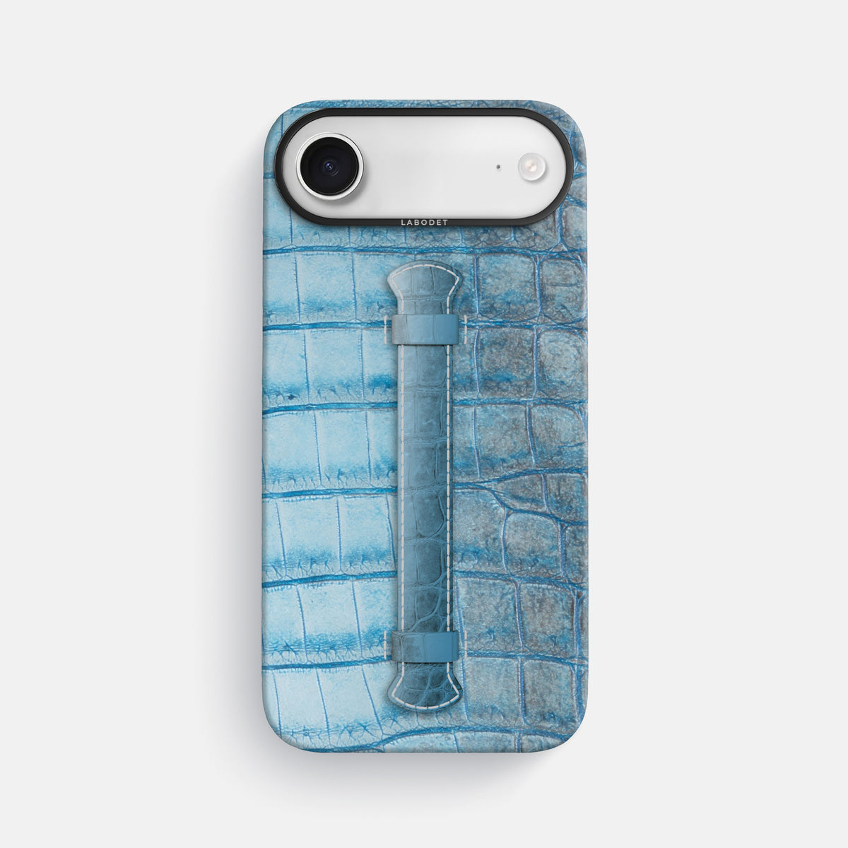 Ice Blue iPhone 17 Air Handle Case Himalayan Crocodile with Black Metal -1 | Ice-Blue-Black