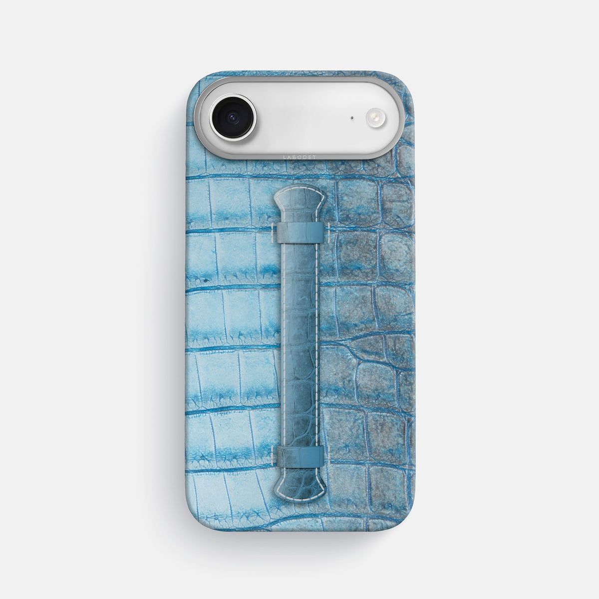 Ice Blue iPhone 17 Air Handle Case Himalayan Crocodile with Steel Metal -1 | Ice-Blue-Steel