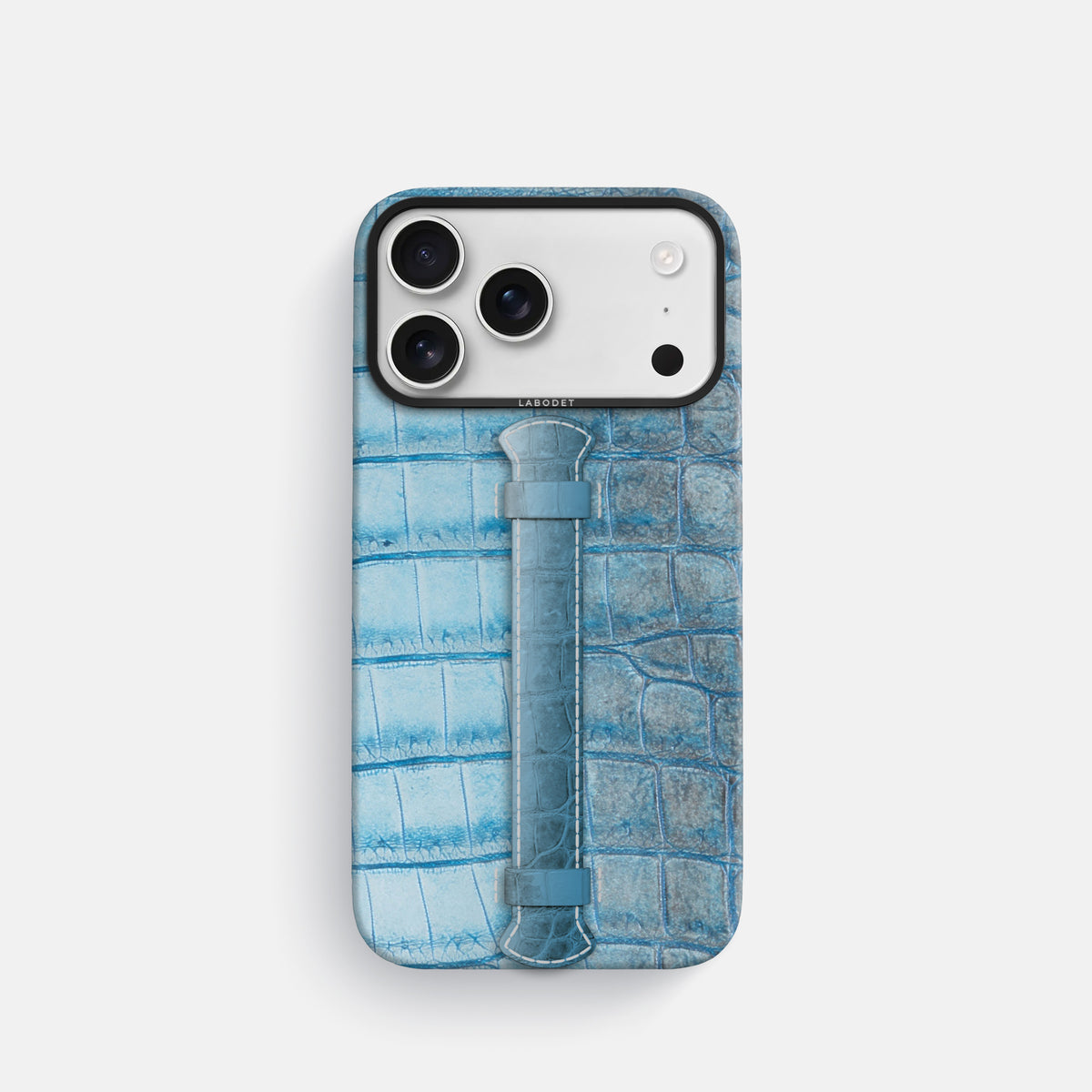 Ice Blue iPhone 17 Pro Handle Case Himalayan Crocodile with Black Metal -1 | Ice-Blue-Black