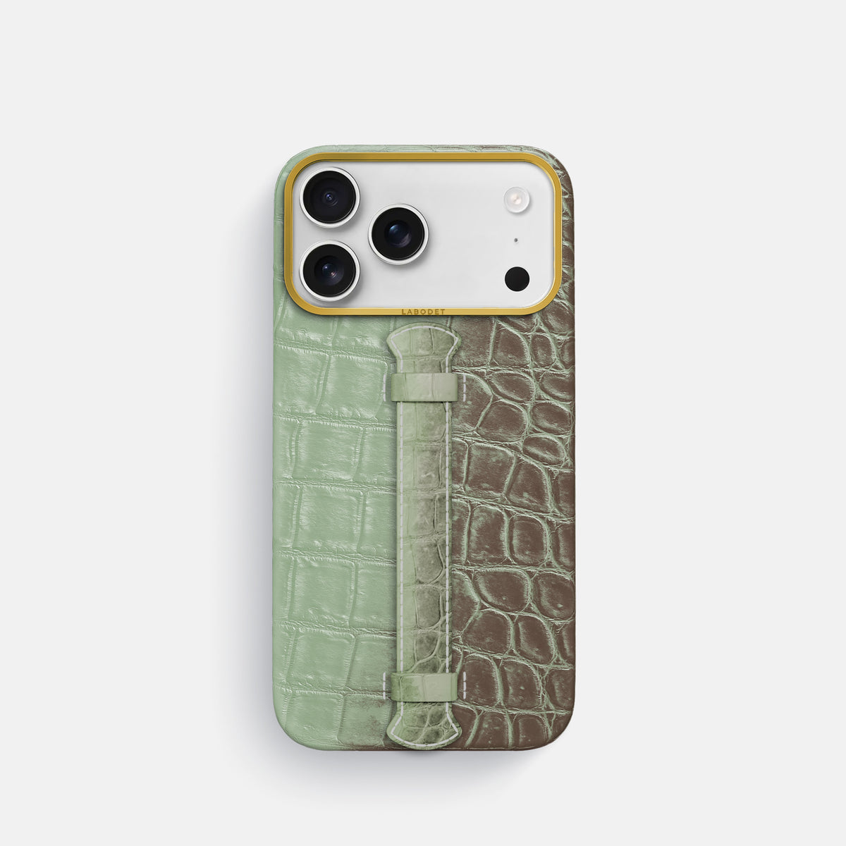 Pistachio iPhone 17 Pro Handle Case Himalayan Crocodile with Gold Metal -1 | Pistachio-Gold