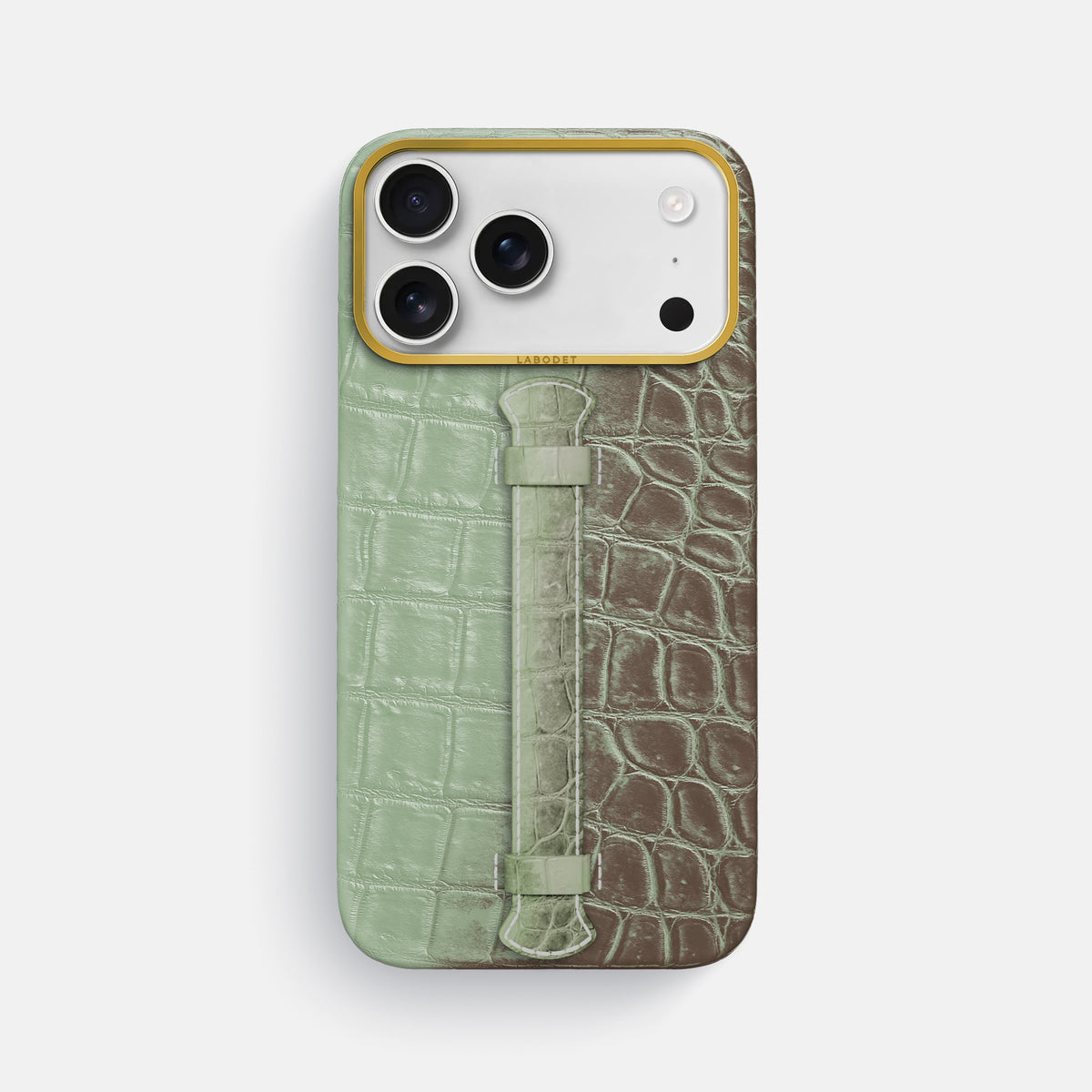 Pistachio iPhone 17 Pro Max Handle Case Himalayan Crocodile with Gold Metal -1 | Pistachio-Gold