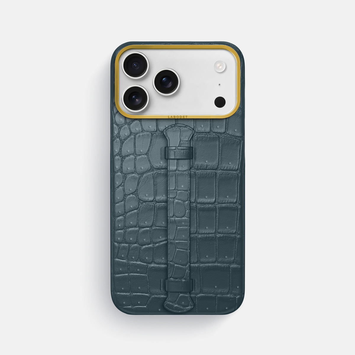 Center Handle For iPhone 17 Pro Max In Porosus Crocodile -1 | Denim-Gold