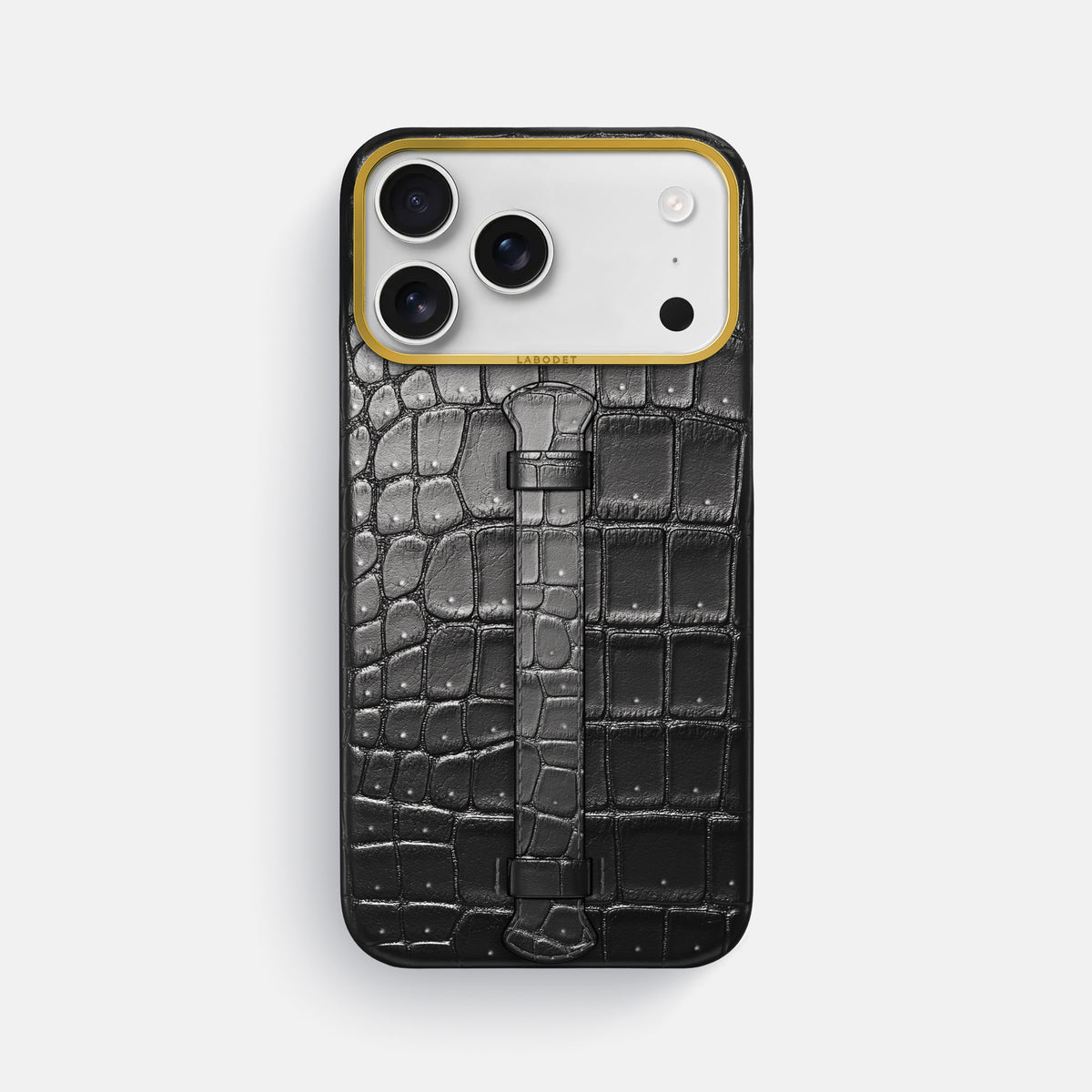 Center Handle For iPhone 18 Pro Max In Porosus Crocodile -1 | Shiny-Black-Gold