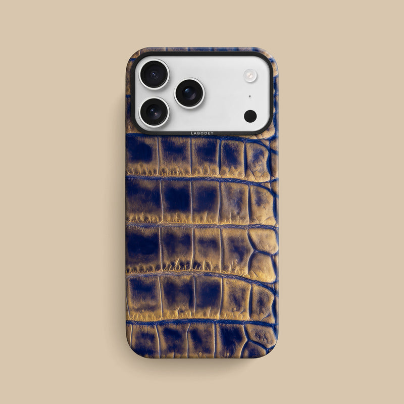 Golden-Blue iPhone 17 Pro Max Classic Case 1/1 Alligator with Black Metal -1 | Golden-Blue-Black
