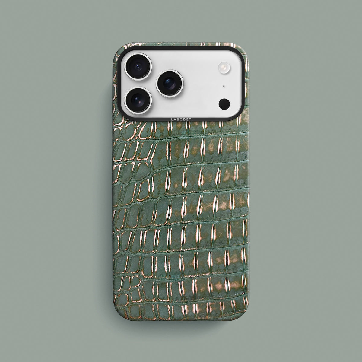 Sage-Patina iPhone 18 Pro Max Classic Case 1/1 Alligator with Black Metal-1 | Sage-Patina-Black