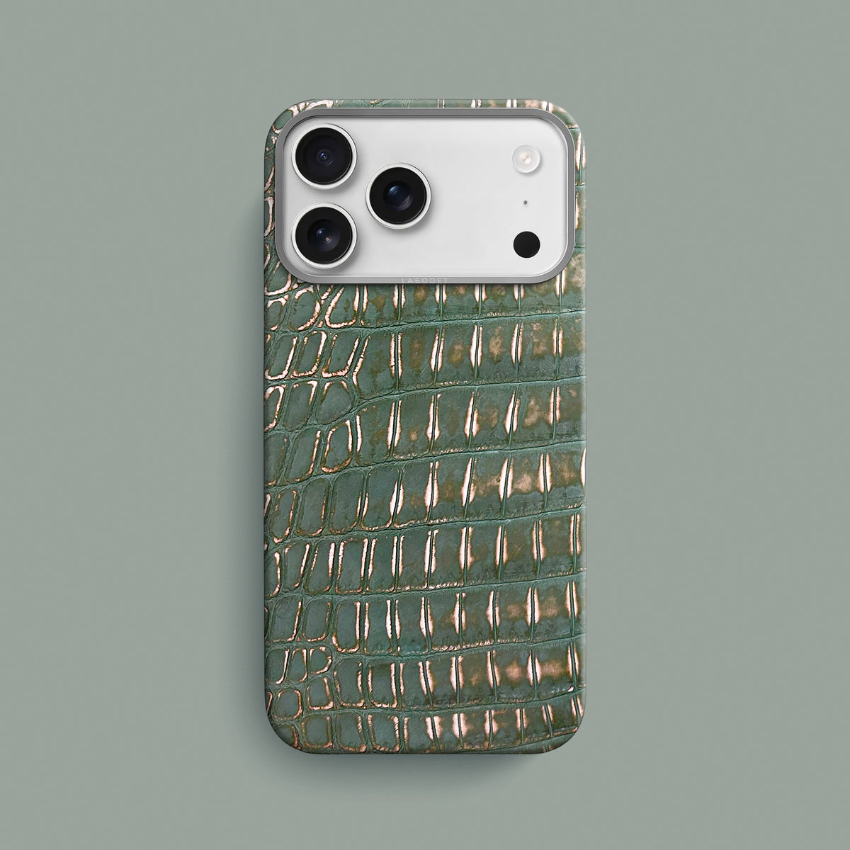 Sage-Patina iPhone 18 Pro Max Classic Case 1/1 Alligator with Steel Metal-1 | Sage-Patina-Steel