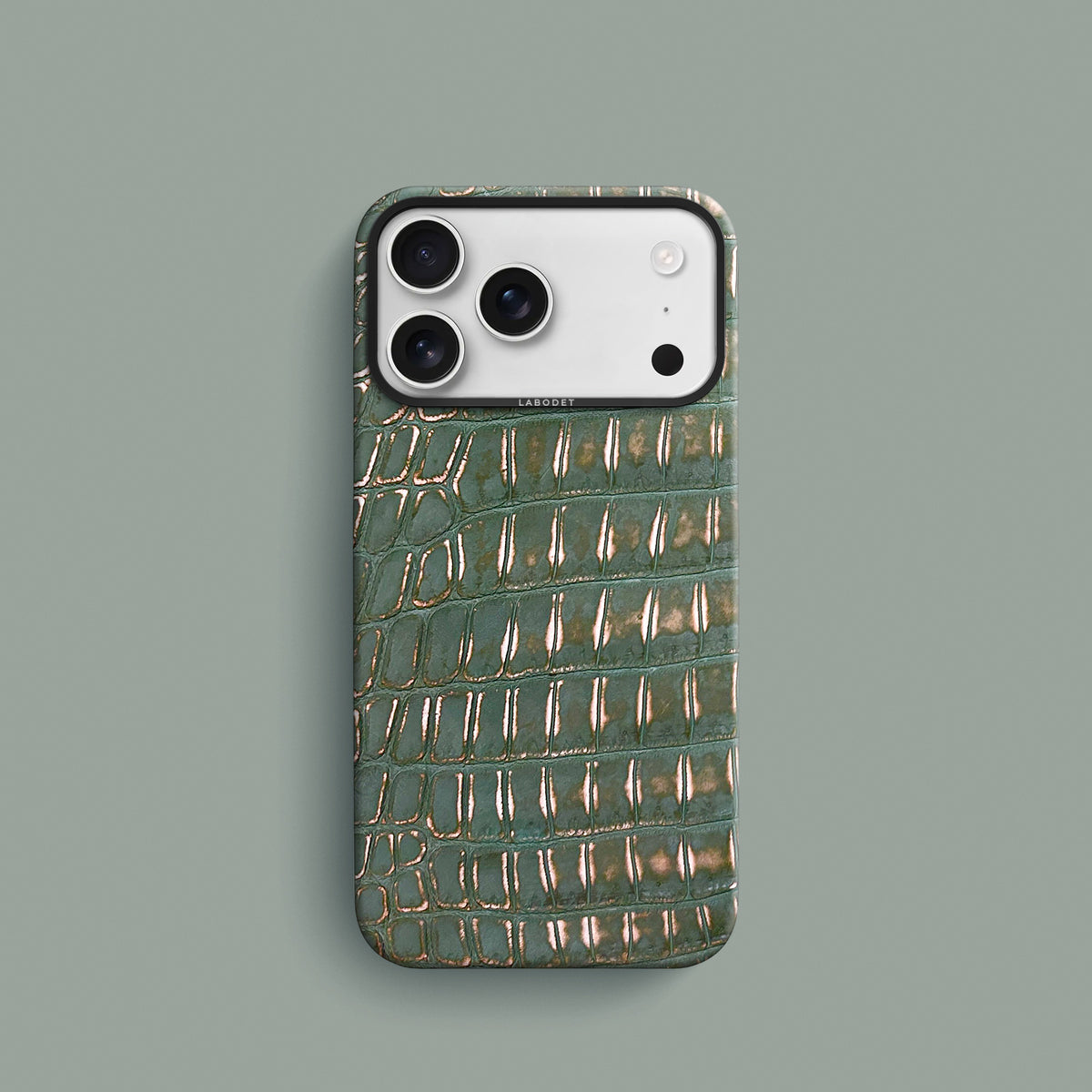 Sage-Patina iPhone 18 Pro Classic Case 1/1 Alligator with Black Metal-1 | Sage-Patina-Black