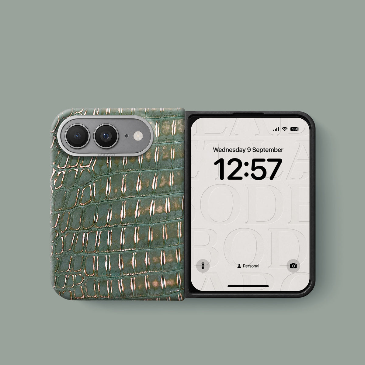 Classic Case 1/1 For iPhone Ultra In Alligator with Steel metal -2 | Sage-Patina-Steel