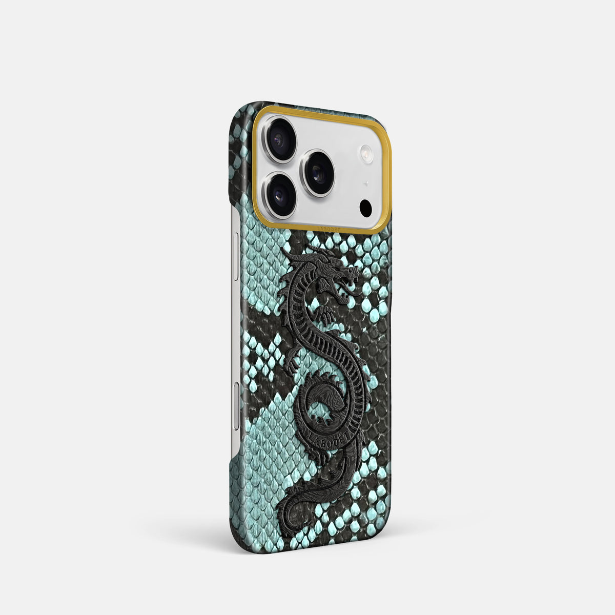 Classic Case With Carbon Dragon For iPhone 17 Pro In Deluxe Python -2 | Blue-Lagoon-Gold