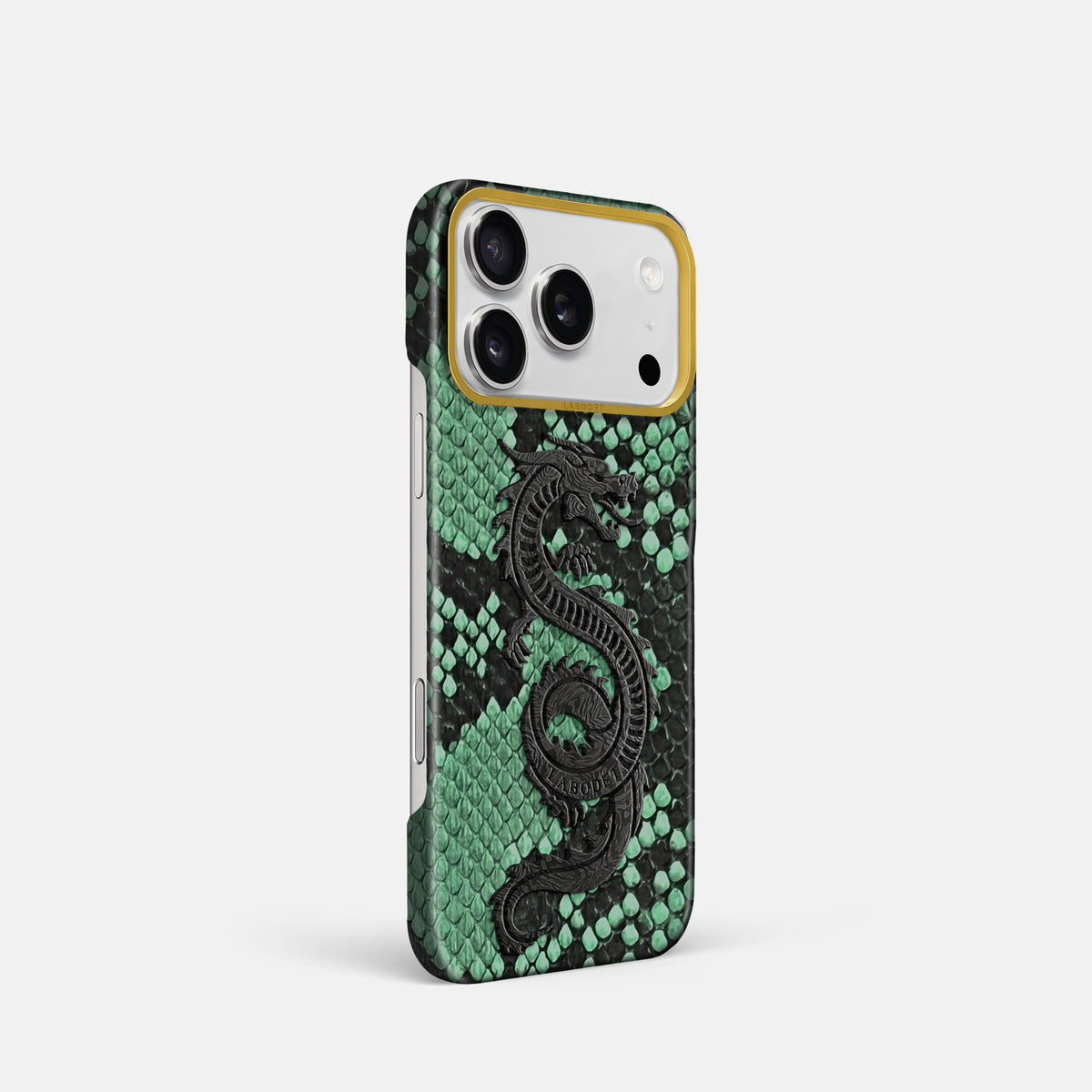 Classic Case With Carbon Dragon For iPhone 17 Pro In Deluxe Python -2 | Forest-Green-Gold