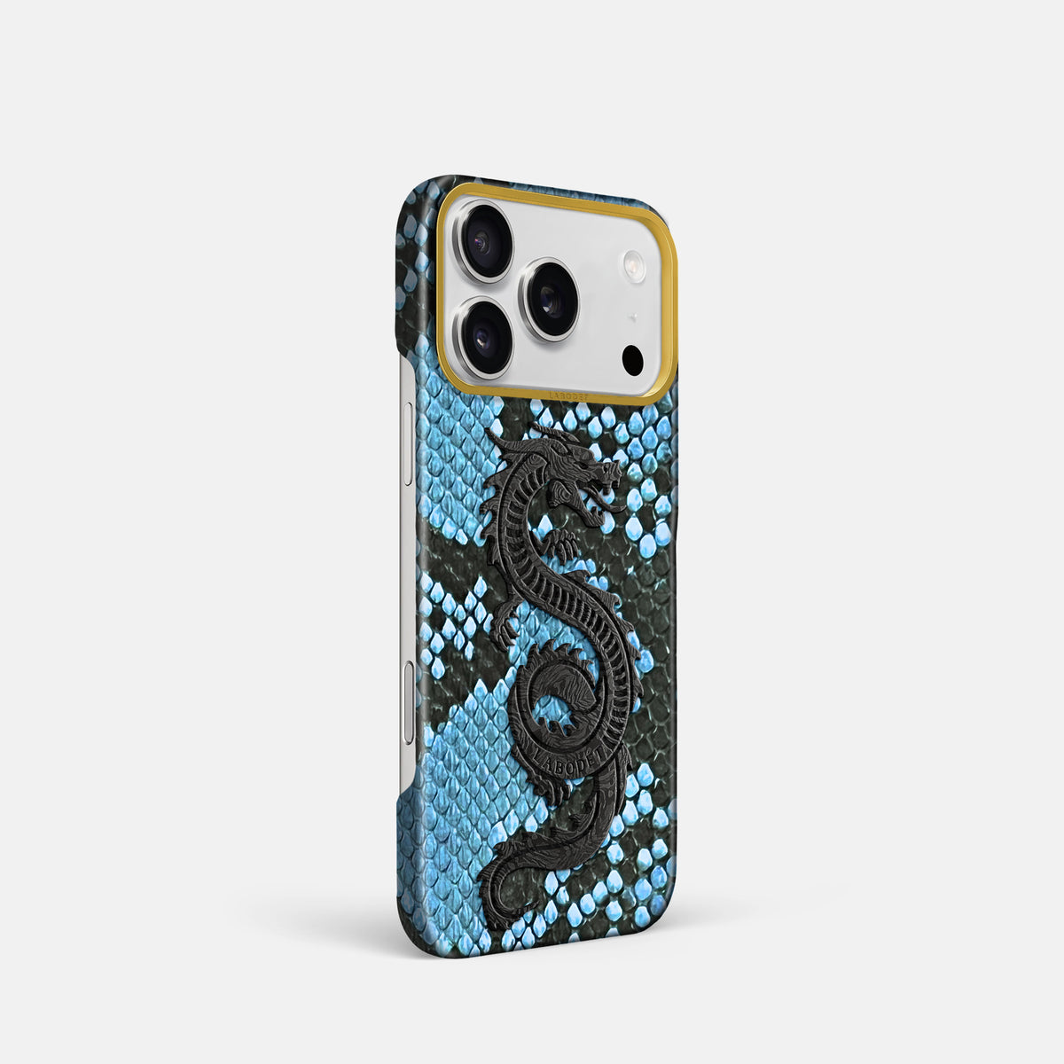 Classic Case With Carbon Dragon For iPhone 17 Pro In Deluxe Python -2 | Pacific-Blue-Gold