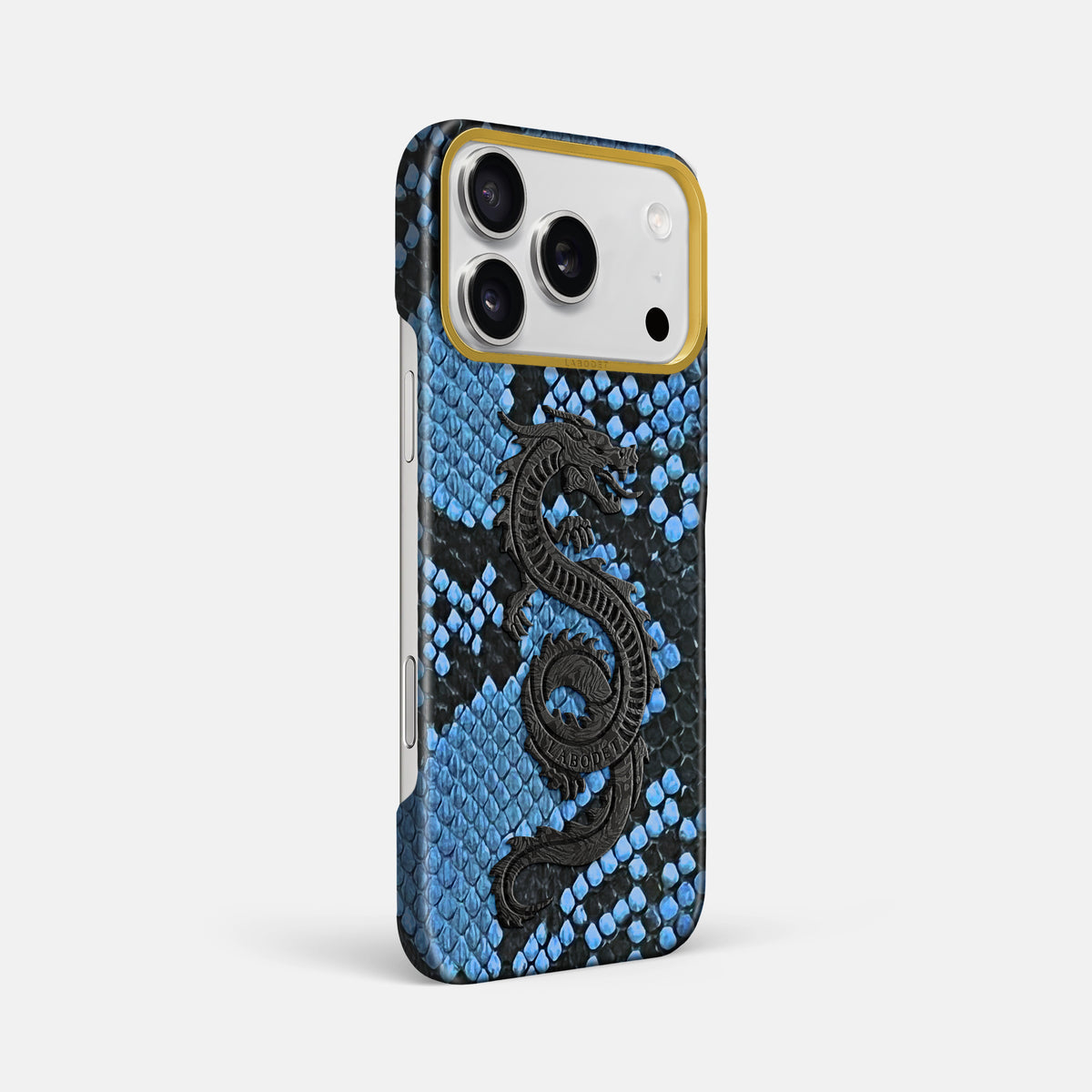 Classic Case With Carbon Dragon For iPhone 17 Pro Max In Deluxe Python -2 | Blue-Jeans-Gold