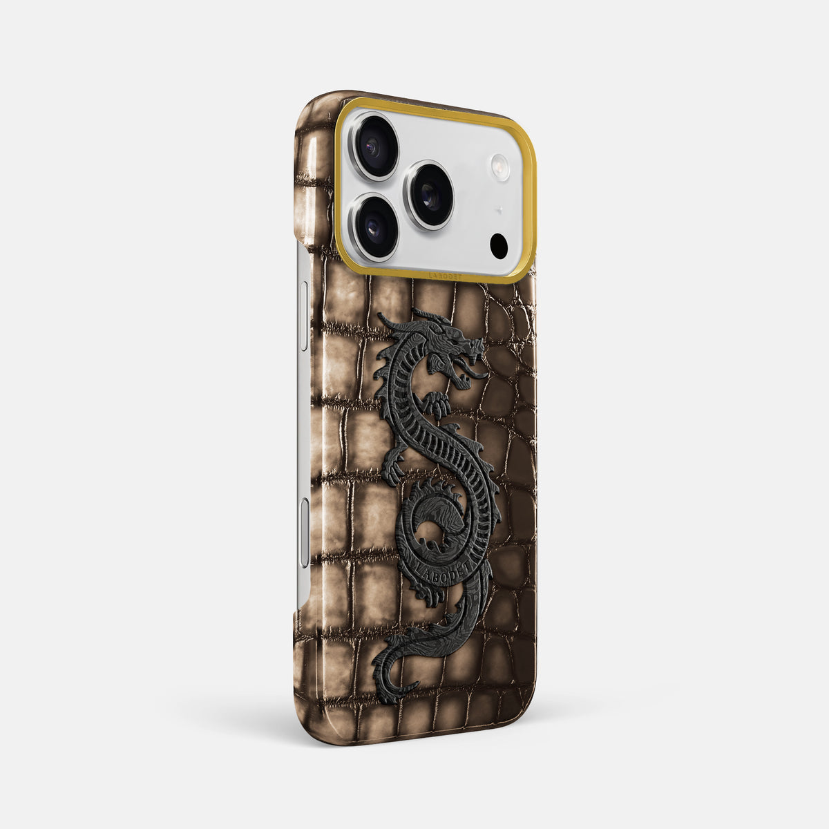 Classic Case With Carbon Dragon For iPhone 17 Pro Max In Patina Alligator -2 | Etoupe-Gold