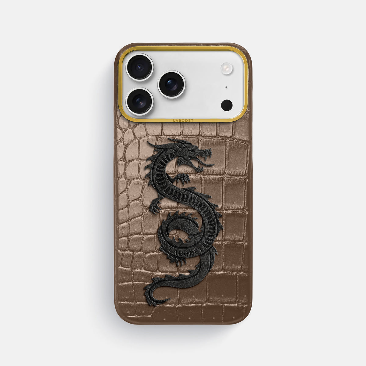 Classic Case With Carbon Dragon For iPhone 17 Pro Max In Porosus Crocodile -1 | Fur-Brown-Gold