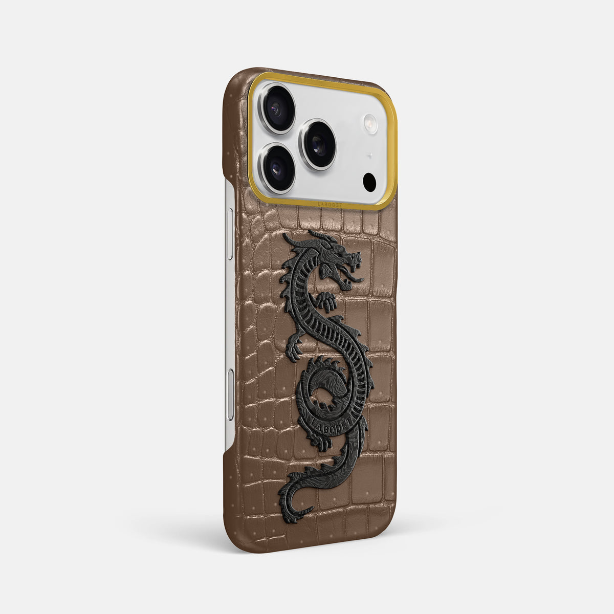 Classic Case With Carbon Dragon For iPhone 17 Pro Max In Porosus Crocodile -2 | Fur-Brown-Gold
