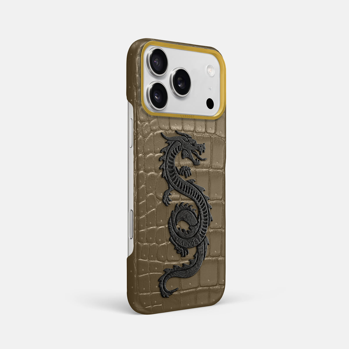 Classic Case With Carbon Dragon For iPhone 17 Pro Max In Porosus Crocodile -2 | Kaki-Green-Gold