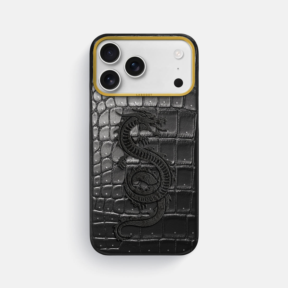 Classic Case With Carbon Dragon For iPhone 17 Pro Max In Porosus Crocodile -1 | Shiny-Black-Gold