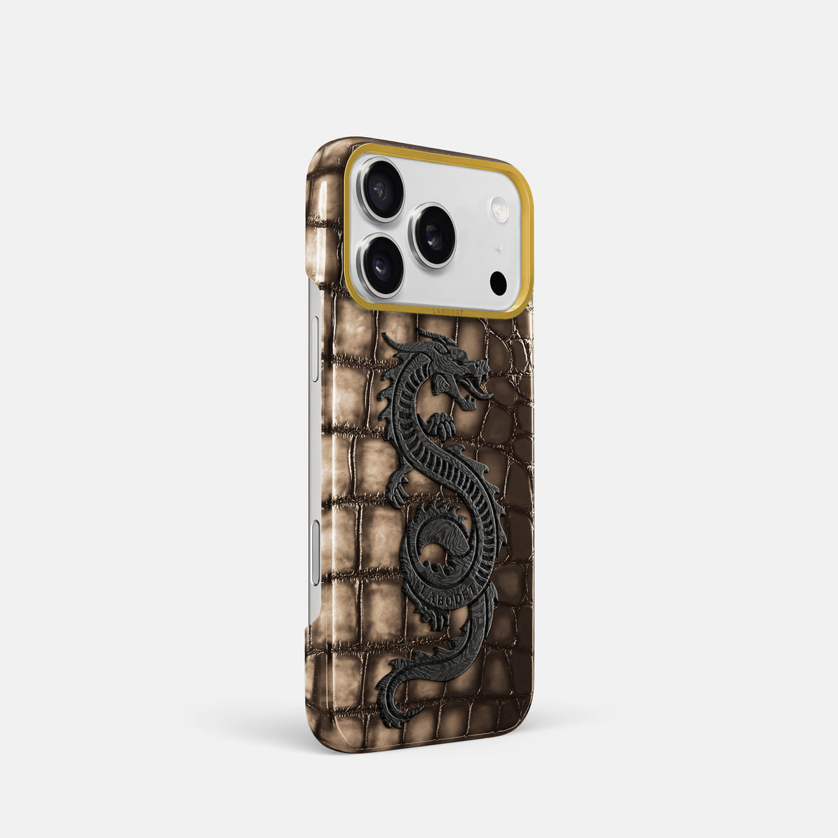 Classic Case With Carbon Dragon For iPhone 17 Pro In Patina Alligator -2 | Etoupe-Gold