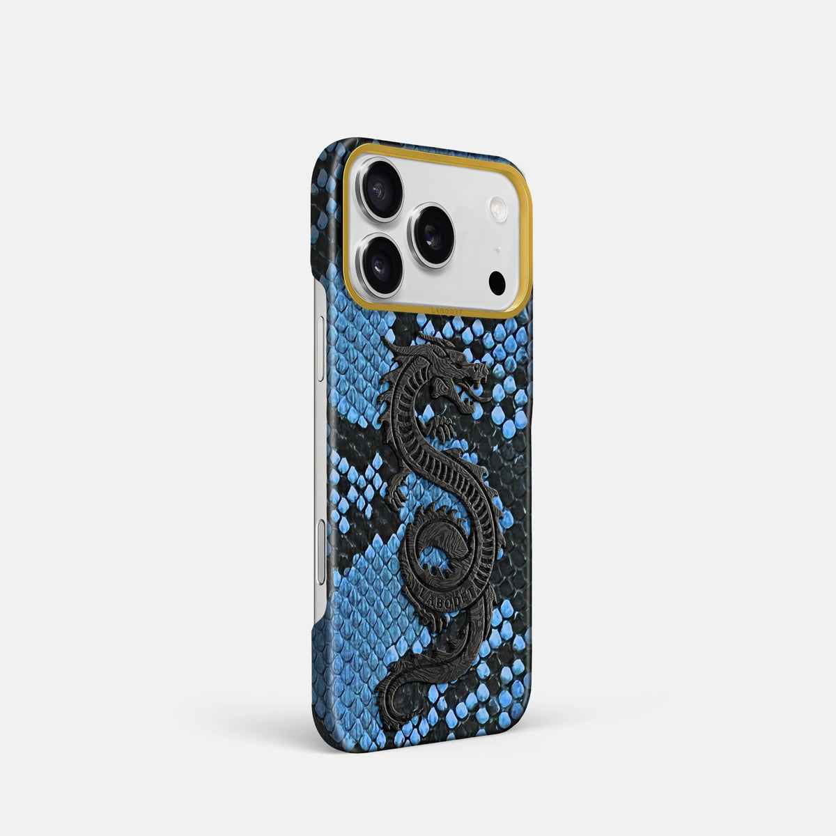 Classic Case With Carbon Dragon For iPhone 18 Pro In Deluxe Python -2 | Blue-Jeans-Gold