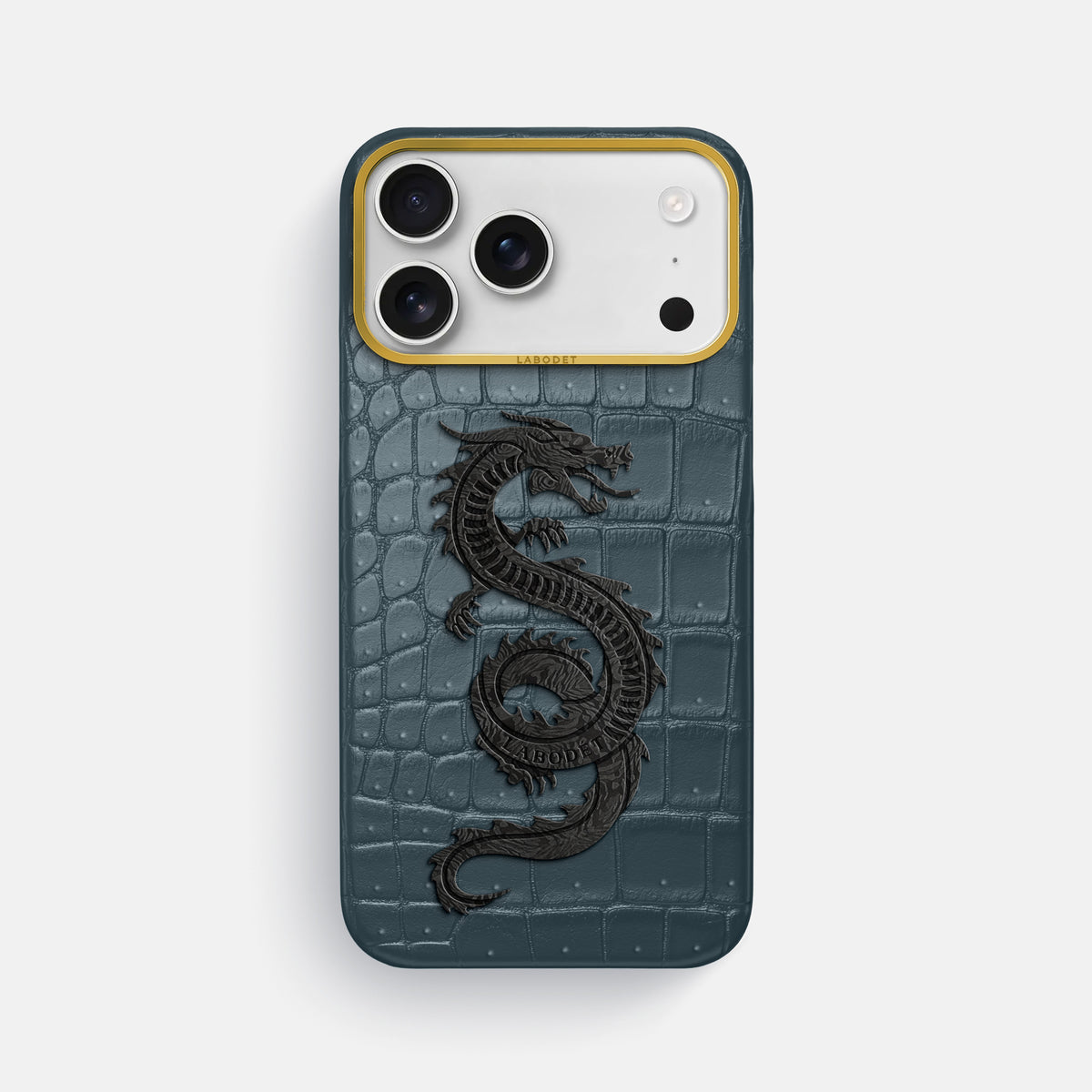Classic Case With Carbon Dragon For iPhone 18 Pro Max In Porosus Crocodile -1 | Denim-Gold
