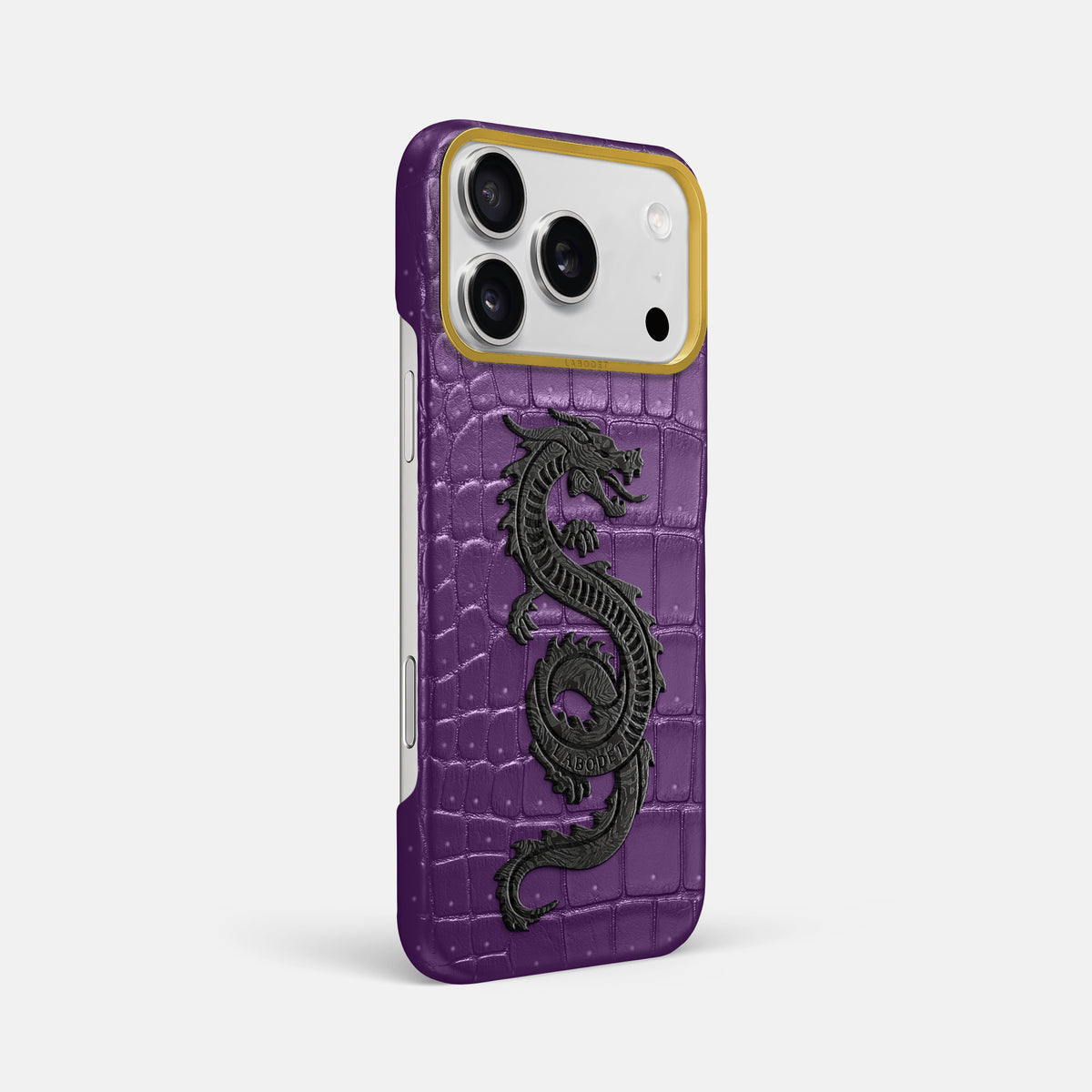 Classic Case With Carbon Dragon For iPhone 18 Pro Max In Porosus Crocodile -2 | Purple-Gold