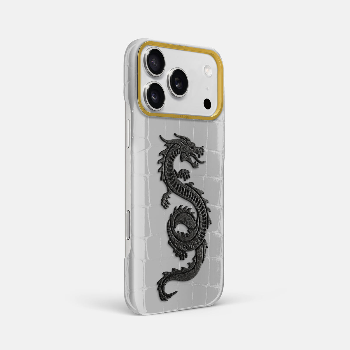 Classic Case With Carbon Dragon For iPhone 18 Pro Max In Shiny Alligator -2 | White-Gold