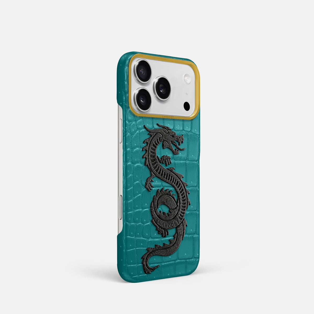 Classic Case With Carbon Dragon For iPhone 18 Pro In Porosus Crocodile -2 | Celadon-Gold