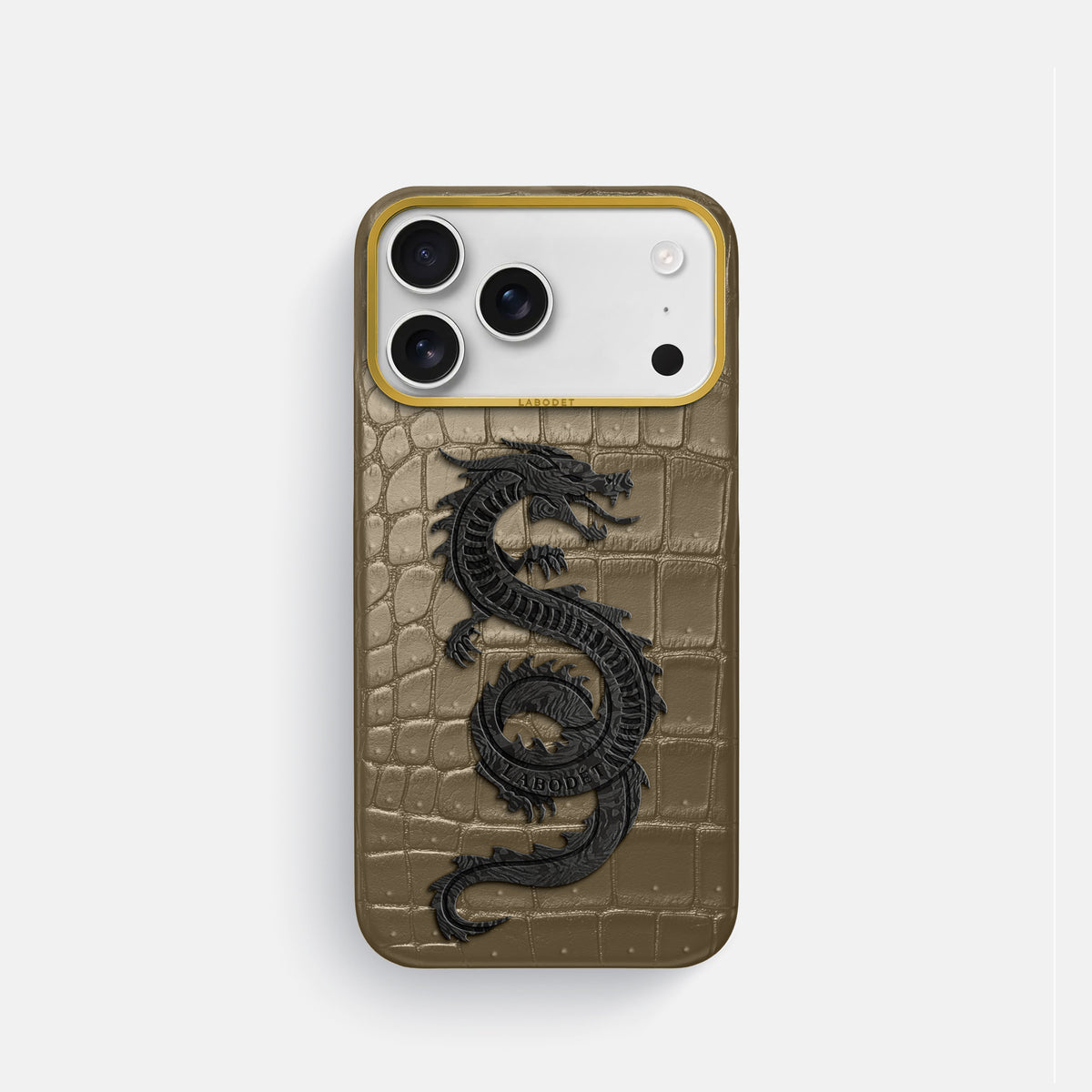 Classic Case With Carbon Dragon For iPhone 18 Pro In Porosus Crocodile -1 | Kaki-Green-Gold
