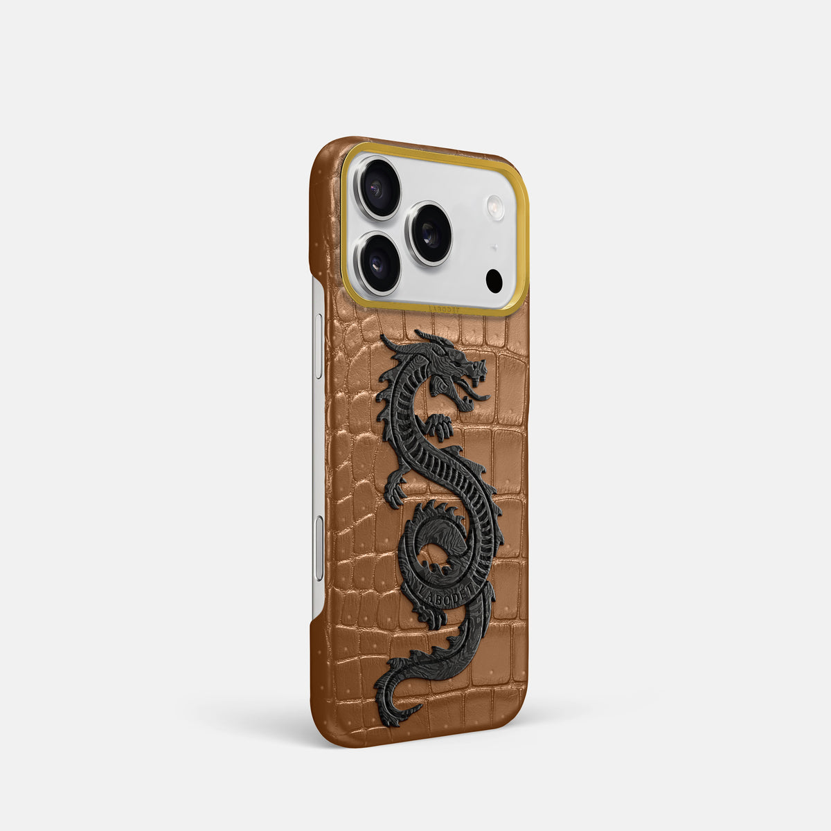 Classic Case With Carbon Dragon For iPhone 18 Pro In Porosus Crocodile -2 | Milk-Chocolate-Gold