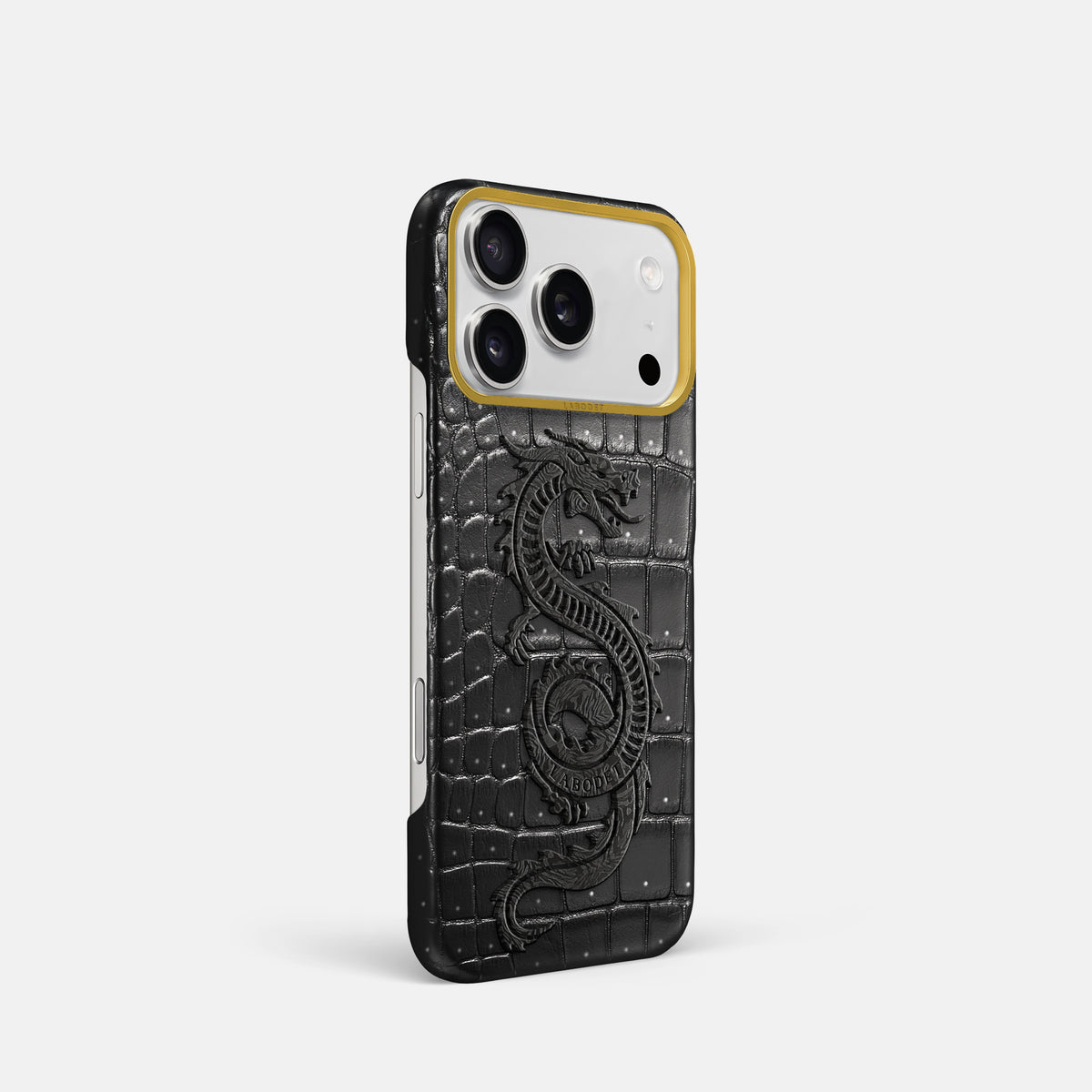 Classic Case With Carbon Dragon For iPhone 18 Pro In Porosus Crocodile -2 | Shiny-Black-Gold