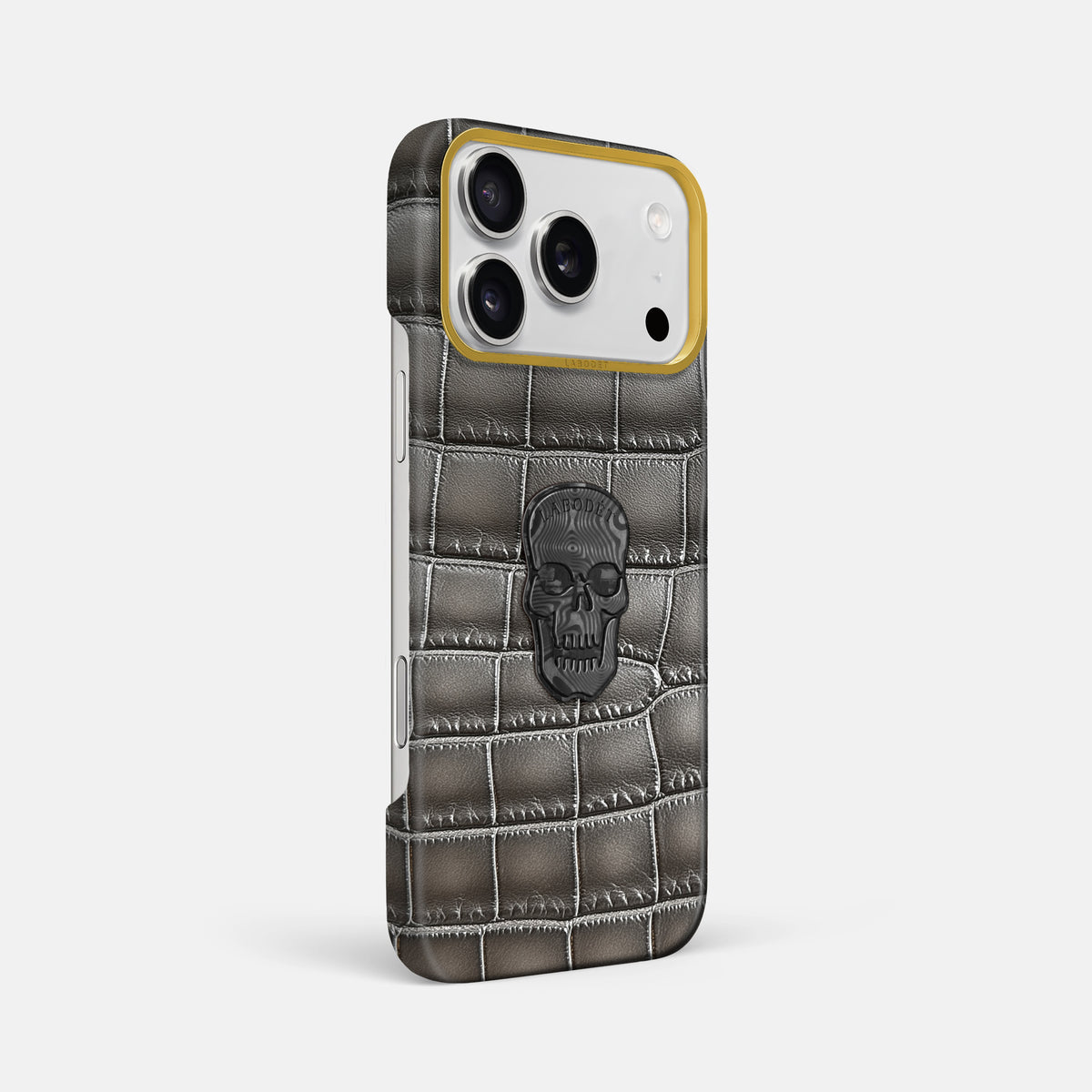 Classic Case With Carbon Skull For iPhone 17 Pro Max In Patina Alligator -2 | Grey-Gold