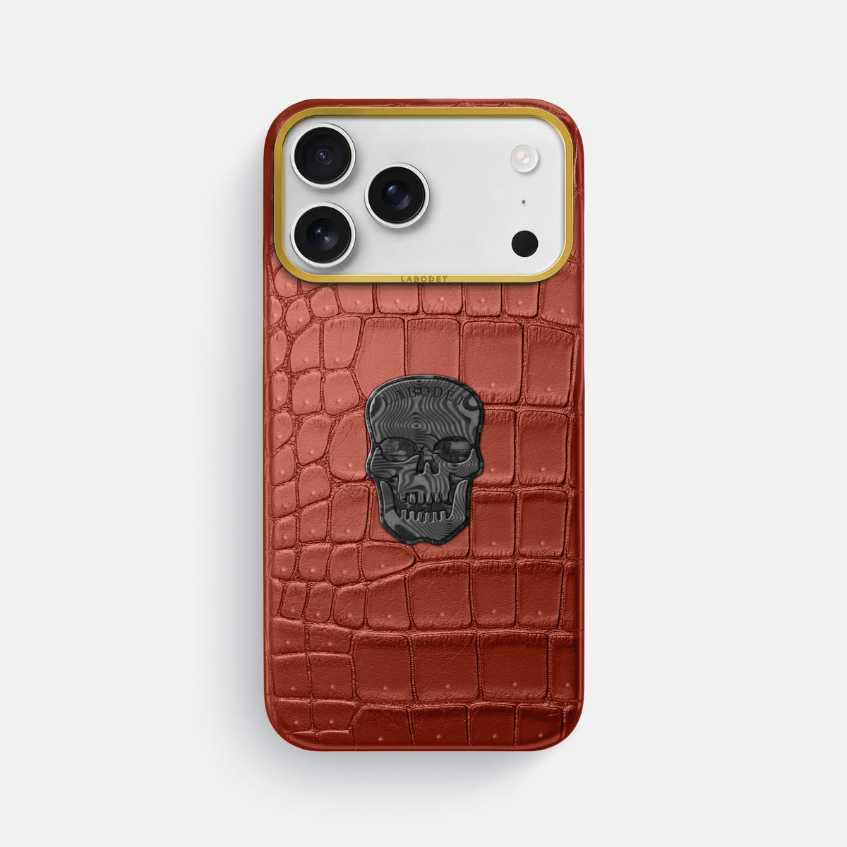Classic Case With Carbon Skull For iPhone 17 Pro Max In Porosus Crocodile -1 | Mahogany-Brown-Gold