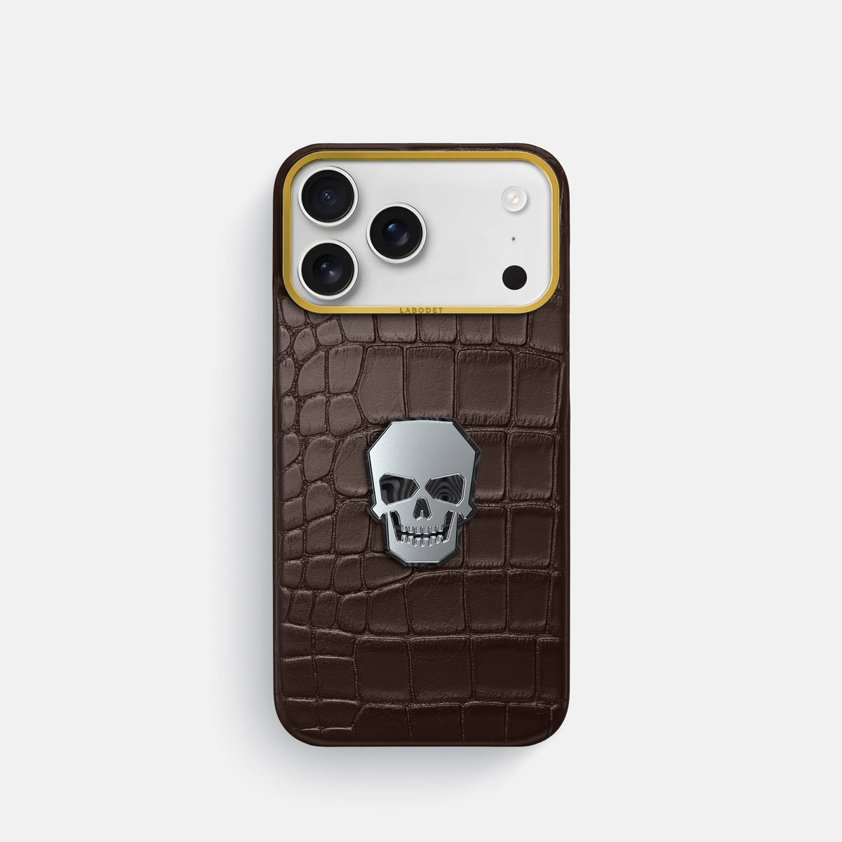 Classic Case With Titanium Skull For iPhone 17 Pro In Alligator -1 | Dark-Brown-Gold