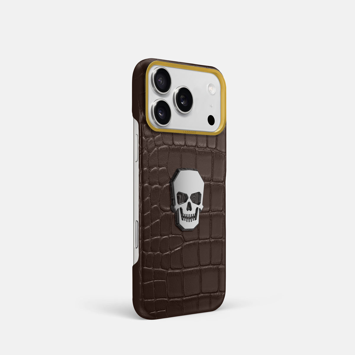 Classic Case With Titanium Skull For iPhone 17 Pro In Alligator -2 | Dark-Brown-Gold