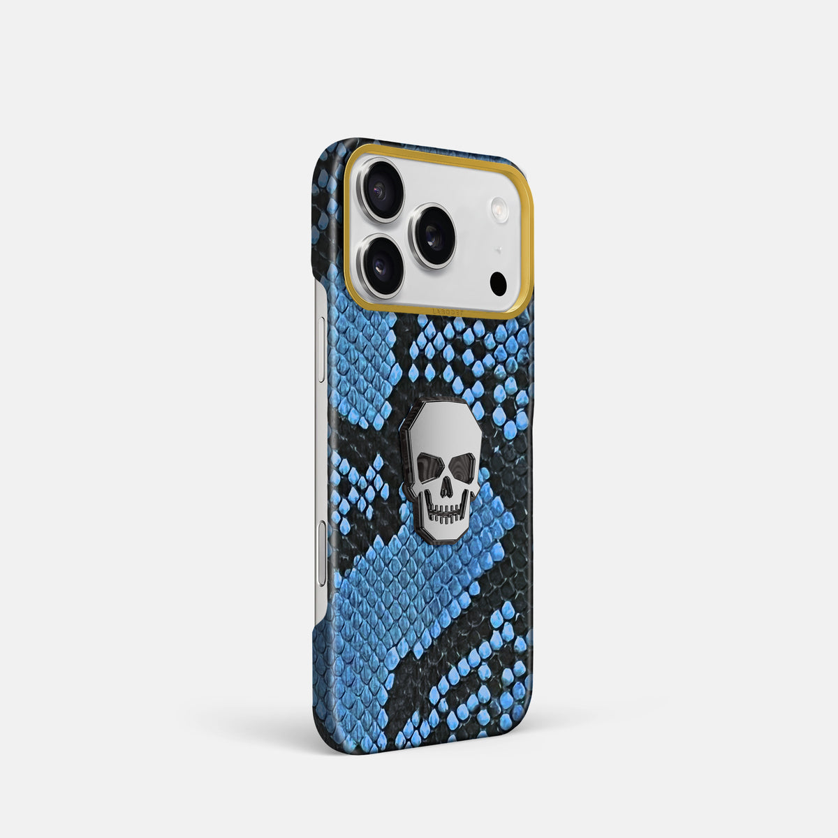 Classic Case With Titanium Skull For iPhone 17 Pro In Deluxe Python -2 | Blue-Jeans-Gold