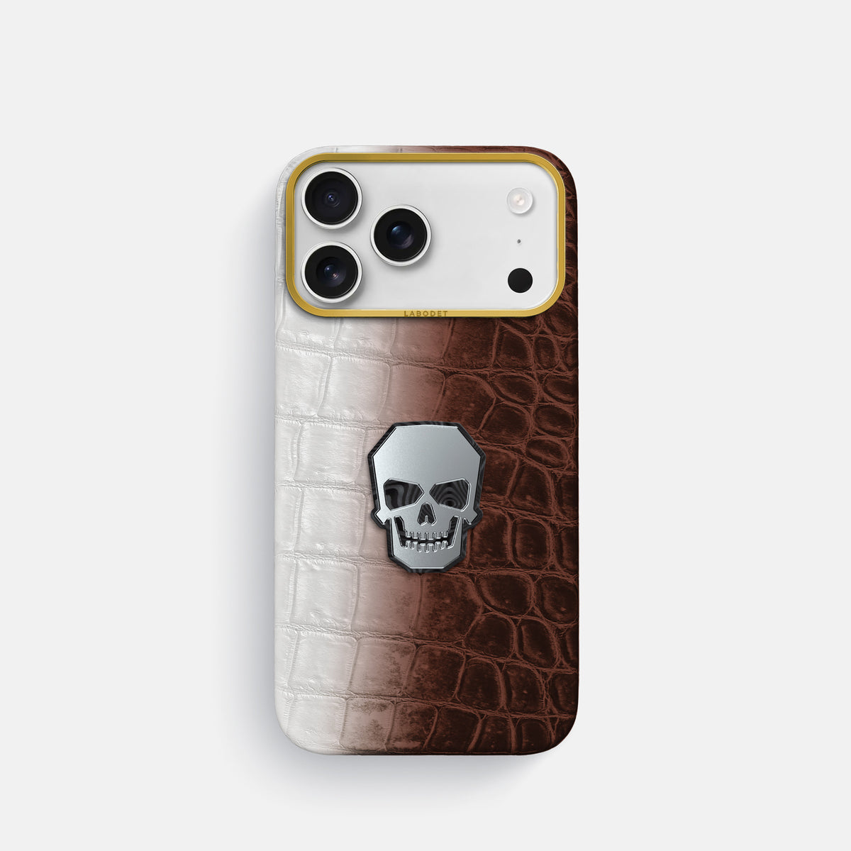 Classic Case With Titanium Skull For iPhone 17 Pro In Himalayan Crocodile -1 | Dark-Brown-Gold