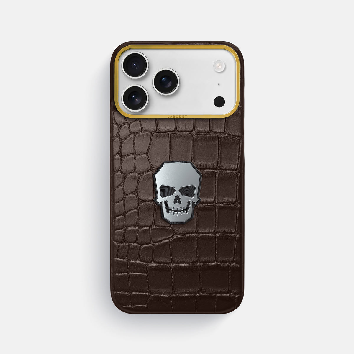 Classic Case With Titanium Skull For iPhone 17 Pro Max In Alligator -1 | Dark-Brown-Gold