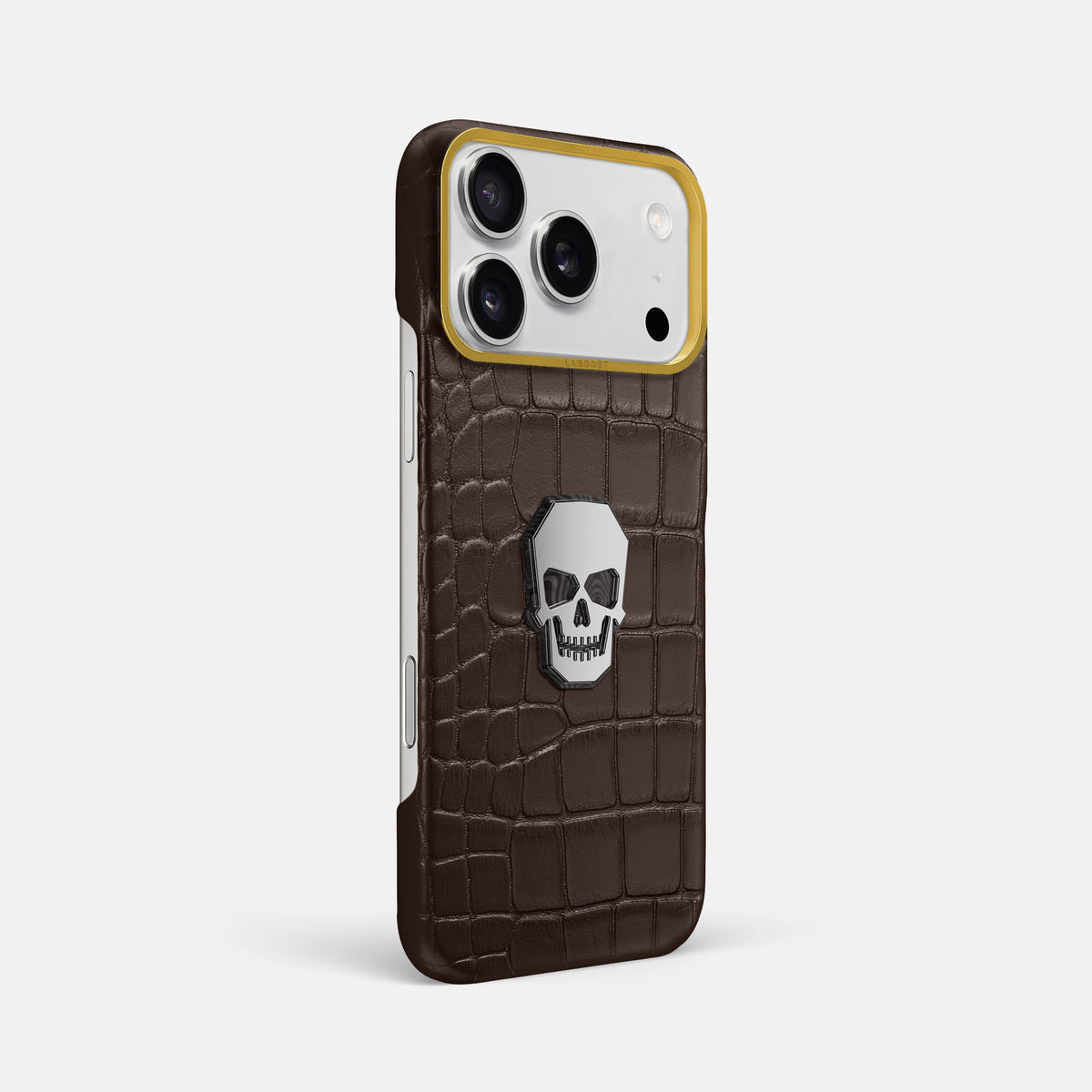 Classic Case With Titanium Skull For iPhone 17 Pro Max In Alligator -2 | Dark-Brown-Gold