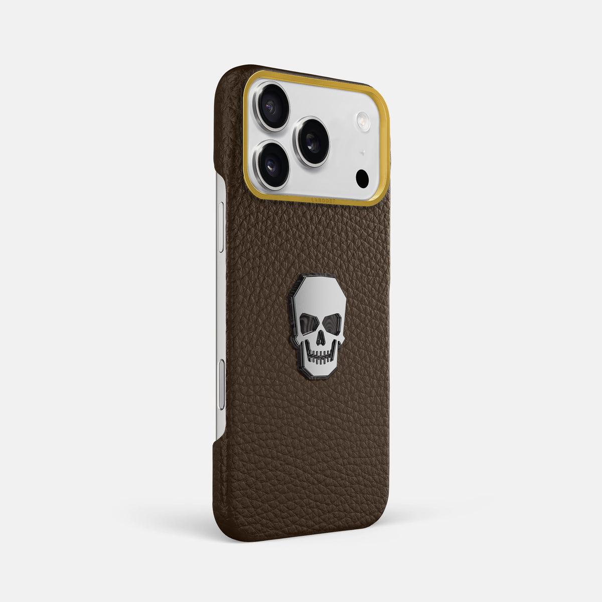 Classic Case With Titanium Skull For iPhone 17 Pro Max In Calf -2 | Dark-Brown-Gold