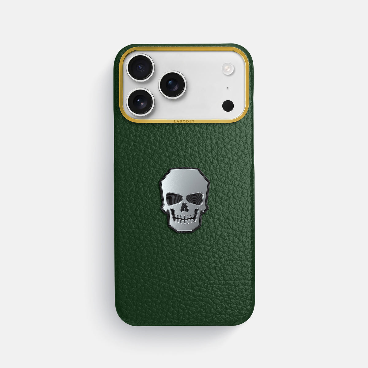 Classic Case With Titanium Skull For iPhone 17 Pro Max In Calf -1 | Dark-Green-Gold