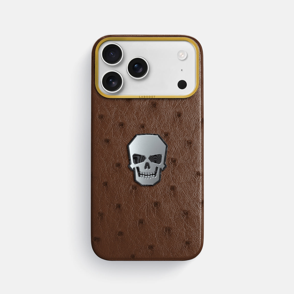 Classic Case With Titanium Skull For iPhone 17 Pro Max In Ostrich -1 | Chocolate-Gold