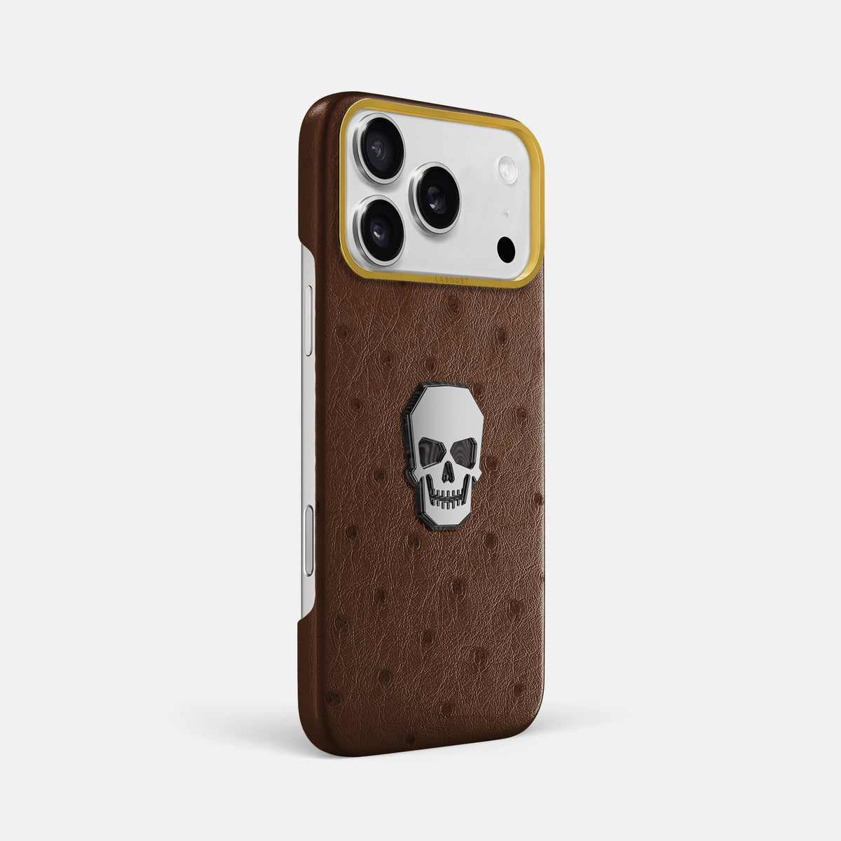 Classic Case With Titanium Skull For iPhone 17 Pro Max In Ostrich -2 | Chocolate-Gold