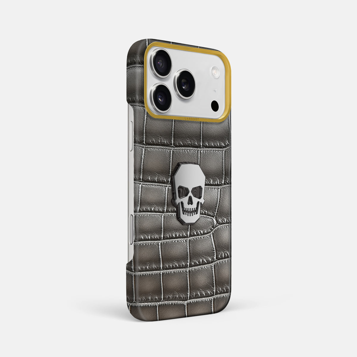 Classic Case With Titanium Skull For iPhone 17 Pro Max In Patina Alligator -2 | Grey-Gold