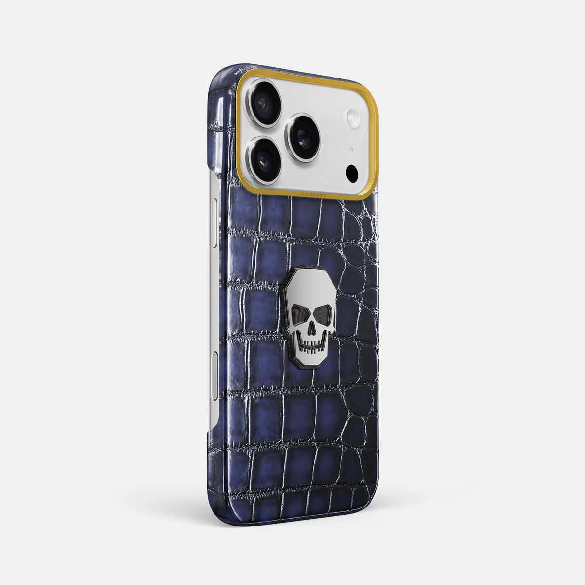 Classic Case With Titanium Skull For iPhone 17 Pro Max In Patina Alligator -2 | Havana-Blue-Gold